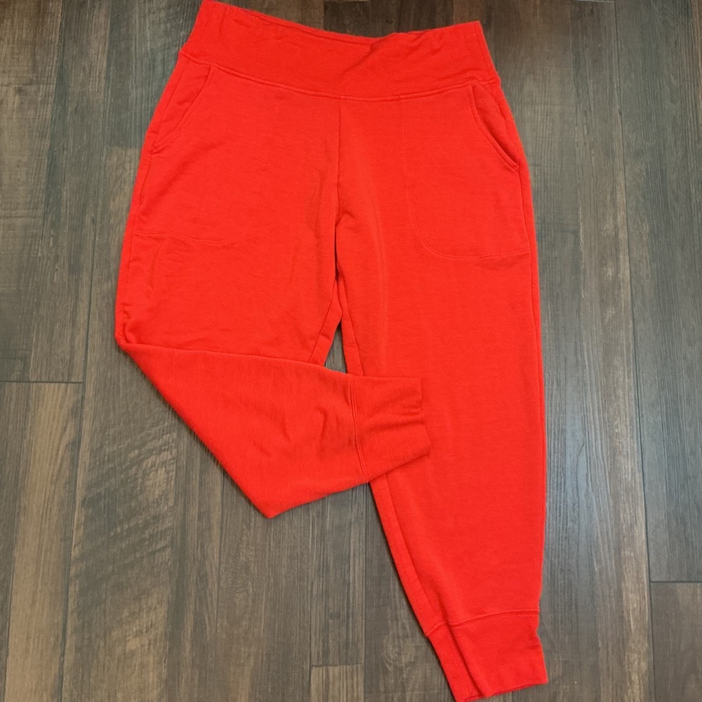 Athleta Fleece Lined Joggers Red Pockets Ribbed Cuffs Size L Petite Activewear